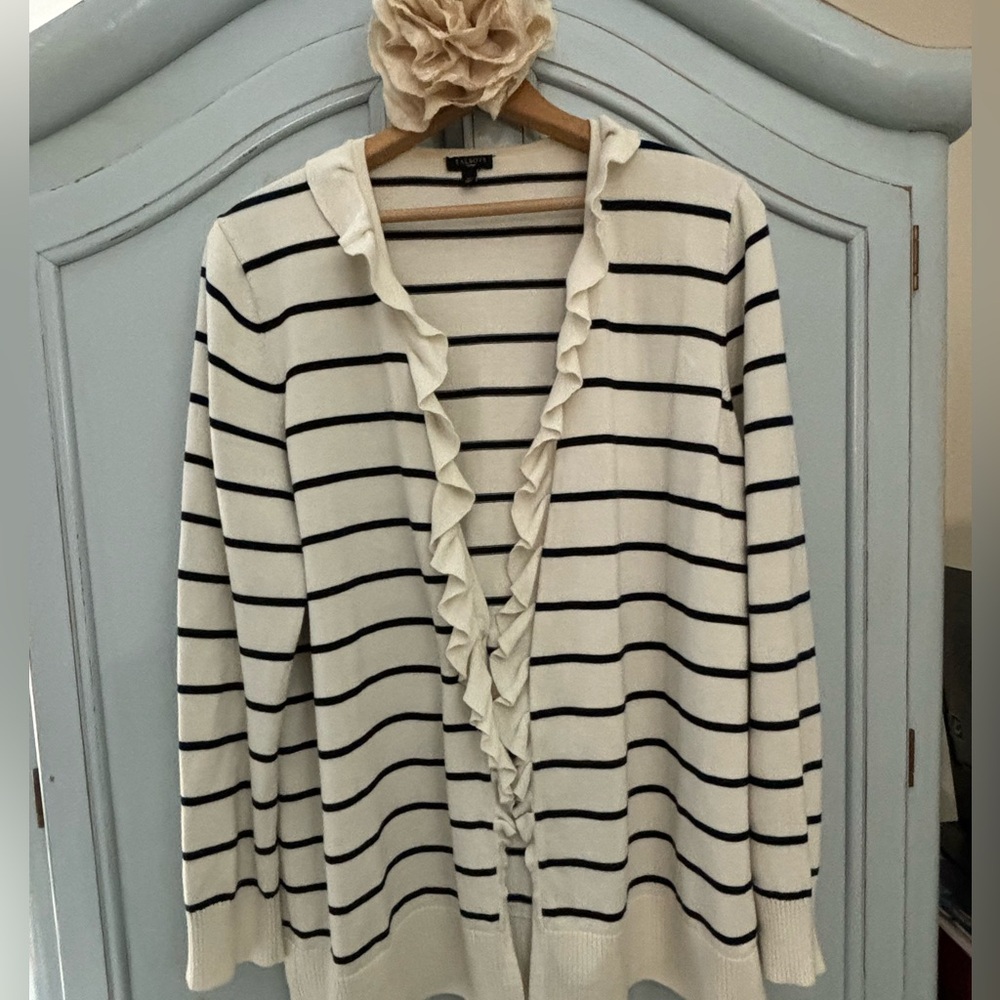 Talbots Navy Stripe Cardigan with Ruffle Trim